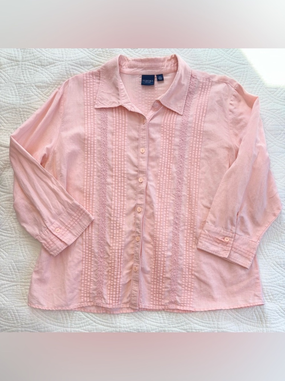 Linen Cotton embroidered XL Shirt Pink Button Front